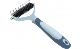 Grijze kattenontklittingshark met antisliphandvat, roestvrijstalen bladen en zachte borstels voor verzorging.