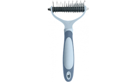 Vooraanzicht van grijze kattenontklittingshark met ergonomische grip en roestvrijstalen bladen.