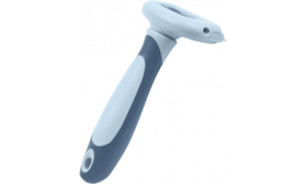Zijaanzicht van grijs-blauwe kattenontklittingskam met ergonomisch handvat, veilig en comfortabel.