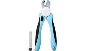 Kattennagelknipper met blauwe antisliphandvatten, scherp roestvrijstalen blad en ingebouwde vijl.