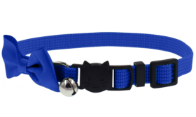 Breakaway kattenhalsband met blauwe strik, verstelbaar met zilveren bel en D-ring voor kattenpenning, geschikt voor alle katten.