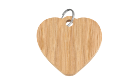 Harthouten kattenpenning met gladde niet-giftige afwerking en zilveren splitring, personaliseerbaar met naam en details.