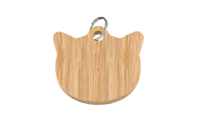 Kattensilhouet houten kattenpenning met gladde niet-giftige afwerking en zilveren splitring, personaliseerbaar met naam en detai