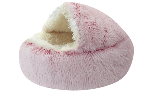 Pluizig roze pantoffel-huisdierbed met crèmekleurige zachte binnenkant, ontworpen voor warmte, comfort en elegante stijl.