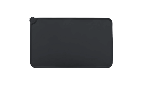 Waterdichte zwarte siliconen kattenvoerplacemat met opstaande randen om morsen te stoppen en je vloer te beschermen.