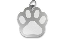Pootvormige zilveren kattenpenning van aluminium met splitring, personaliseerbaar en graveerbaar met de naam van je kat.