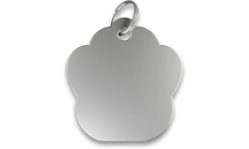 Pootvormige zilveren kattenpenning van aluminium met splitring, gladde achterkant voor graveren en personaliseren.