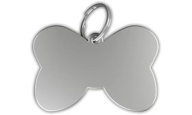 Strikvormige zilveren kattenpenning van aluminium met splitring en gladde achterkant voor graveren en personaliseren.