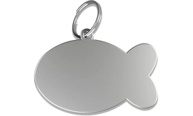 Vorm van vis zilveren kattenpenning van aluminium met splitring, personaliseerbaar en graveerbaar met de naam van je kat.
